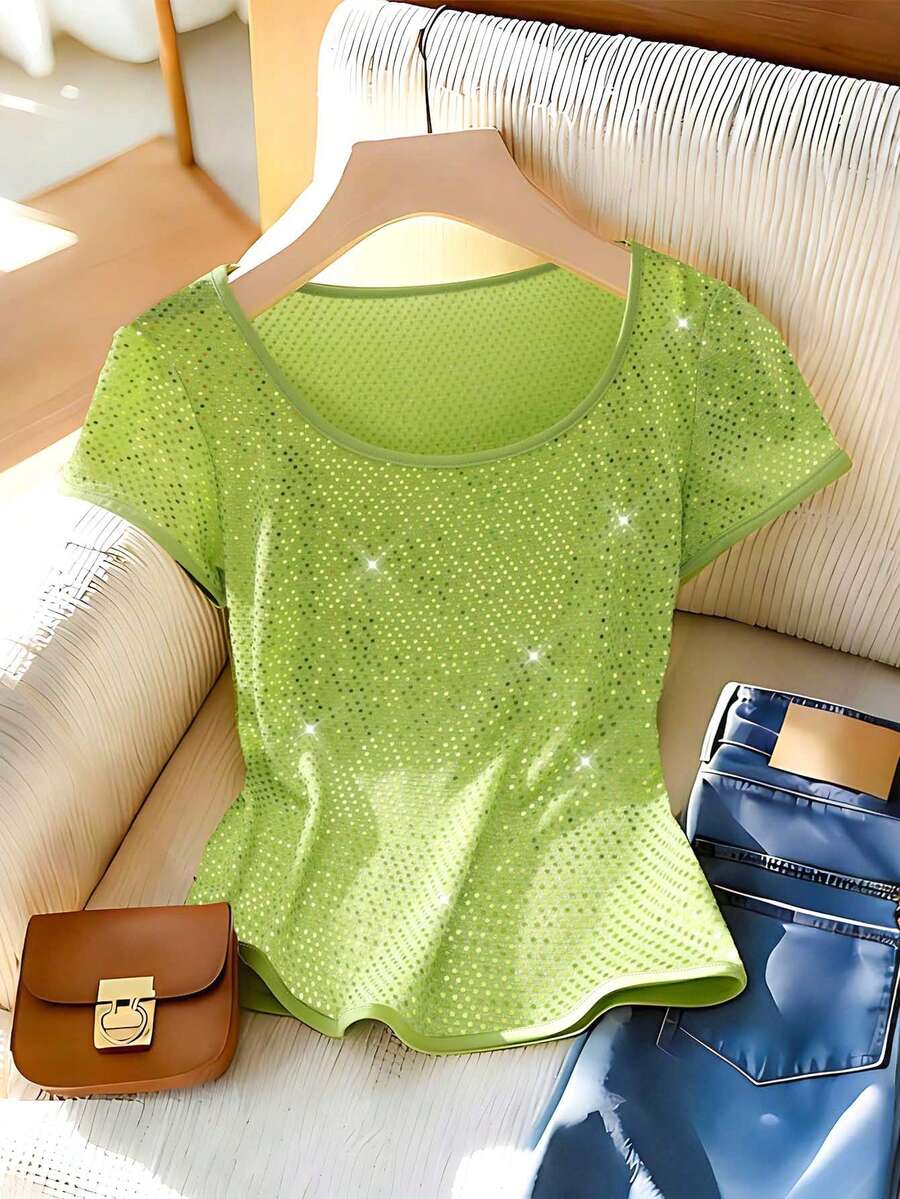 Franclia Casual Sequin Round Neck Short Sleeve T-Shirt, Summer - Green - View 1
