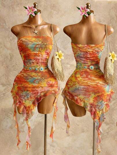 BamGleam Dames vakantiejurk met cashewnotenbloemenprint, patchwork, ruches en asymmetrische zoom, aansluitende sexy bandeau