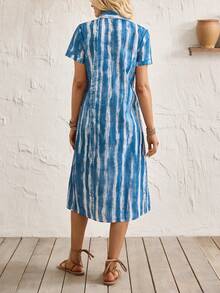 Breezaya 女士休闲度假Polo领半拉链扎染梭织面料休闲度假春夏蓝白休闲连衣裙，女士度假连衣裙，女士沙滩连衣裙，女士碎花连衣裙 - 彩色 - 查看 2