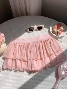 Comfortcana 女士浅粉色撞色蕾丝蝴蝶结装饰荷叶边A字裙，时尚新年装 - 淺粉色 - 查看 2