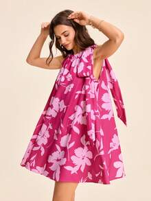 Coeurva Spring/Summer Vacation Chiffon Printed Off-Shoulder Mini Dress For Women - Pink - View 6