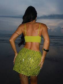 Sirith Women Neon Green Sequin Cropped Cami Top And Bodycon Mini Skirt Sexy 2 Pieces Set - Green - View 2