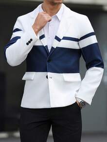 Manfinity Mode 男士撞色单排扣休闲百搭通勤西装外套，搭配海军蓝白条纹衬衫，男士休闲衬衫，蓝白套装，男士商务休闲衬衫，男士撞色衬衫，适合日常休闲、周末旅行、户外活动、探险旅行、轻松的工作环境或半正式场合，可作为男友/丈夫礼物、周年纪念/生日礼物、派对、暑假、婚礼、春夏等场合穿着。 - 白色 - 查看 5