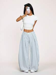 SHEIN PETITE Quần dài nữ mùa hè kiểu vintage, phong cách hippie, dáng rộng, màu xanh rêu quân đội. - Màu xanh lam - Xem 4