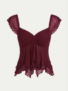 SHEIN PETITE Áo hai dây không tay dáng ôm, phối lưới, thắt dây sau lưng, kiểu dáng bồng bềnh, thích hợp cho nữ, kiểu dáng thường ngày đi nghỉ mát. - Màu Đỏ Sâu - Xem 7