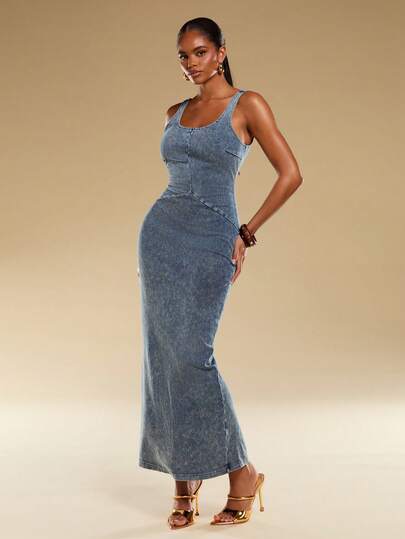 Normani Women's Sleeveless Solid Color Wide Strap Square Neck Fitted Fashionable Long Denim Dress For Summer