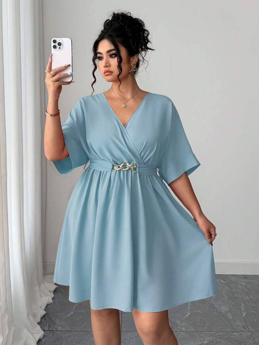 Elenzga Women's Casual V-Neck Cinched Waist Waist Short Elegant Red Evening Dress, Summer - Baby Blue - View 1