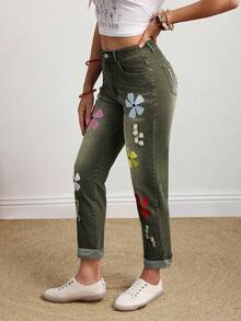 EMERY ROSE Plus Size Women's Fashionable Embroidered Pocket Denim Jeans - Green - View 4