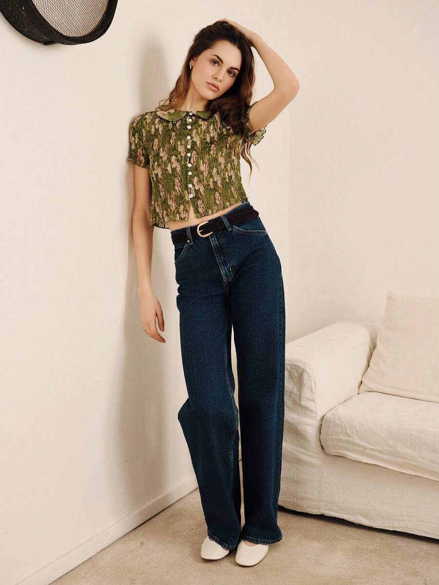 lacRébo Áo croptop tay ngắn màu xanh lá cây, cổ búp bê, kiểu dáng mùa xuân hè, phong cách Pháp, kiểu Paris, áo dễ thương để đi chơi, công sở, kiểu vintage. - màu xanh lá - Xem 1