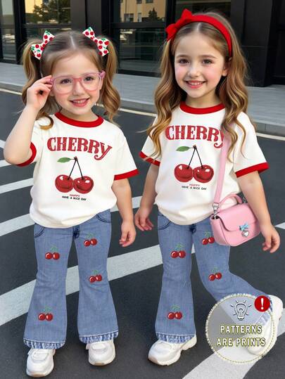 春夏休闲时尚创意个性清新可爱樱花叶撞色刺绣樱桃仿牛仔布字母印花宽松T恤裤套装，舒适日常穿着，适合女童