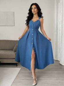 Rafferiza 女士夏季蓝色泡泡纱无袖中长连衣裙，饰有金属扣环 - 藍色 - 查看 1