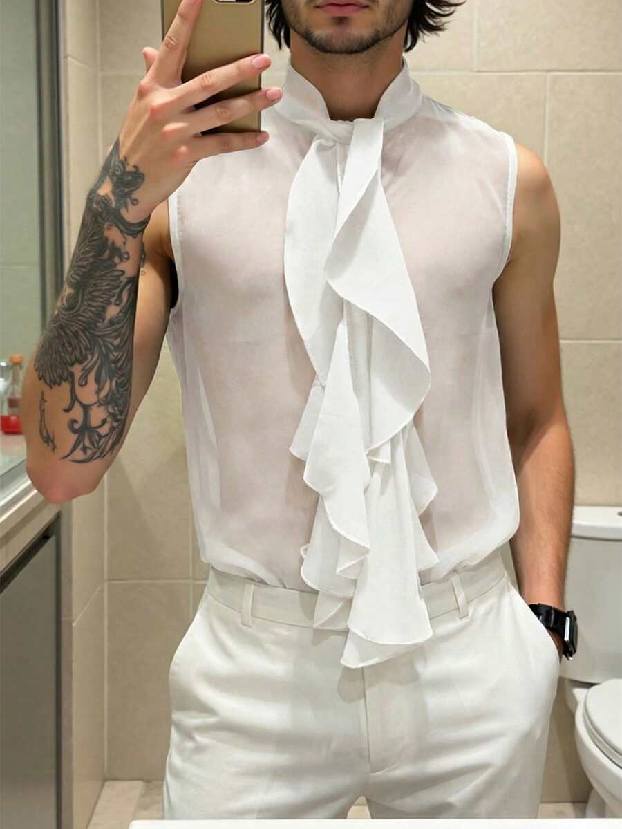 Manfinity Dauomo 男士透明纯色无袖衬衫 - 白色 - 查看 1