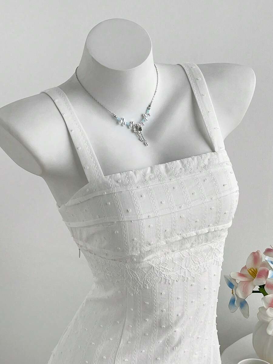 Elamini 女士纯色方领修身休闲迷你连衣裙 - 白色 - 查看 1