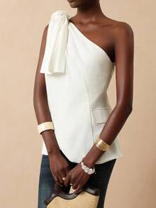 Vesra Áo sơ mi nữ kiểu dáng thường ngày với dây đeo vai, thiết kế cổ áo xéo và túi giả. - trắng - Xem 5