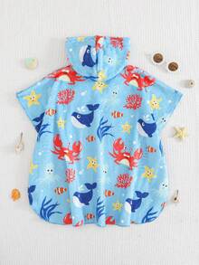 SHEIN Young Boy Ocean Creature Print Hooded Swimsuit Top - Blue - View 2