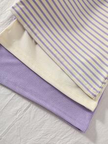 SHEIN Vintaside Kids 3件套女童夏季休闲可爱甜美舒适弹力上衣，包括纯粉色、杏色和条纹荷叶边袖背心，适合居家、度假和日常穿着。 - 紫色 - 查看 4