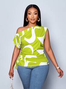 SOLERSUN Women's Plus Size Geometric Printed Asymmetrical Shoulder Drawstring Ruched Side Blouse, Random Print,One Shoulder Top - Olive Green - View 5
