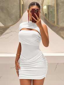 Slaydiva Đầm mini đen khoét rỗng phối lưới mới năm 2025, thích hợp cho tiệc tùng, sinh nhật, quán bar, hộp đêm, Ngày Valentine, Halloween, Giáng sinh. Đầm nữ xếp ly, đầm trắng, đầm lệch vai. - trắng - Xem 7