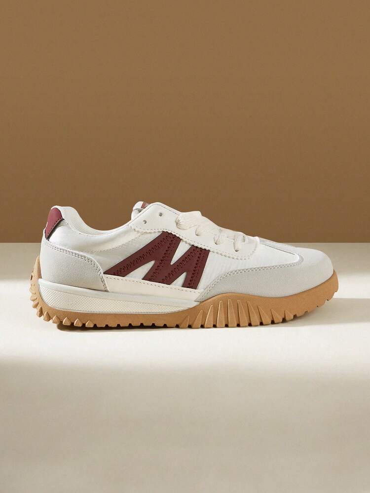 CUCCOO EASI Contrast Color Solid Preppy Casual Gym Sneakers For Women, Lace-Up Brown Patchwork Flat Casual Shoes, Retro Fashion Outdoor Sports Running Shoes