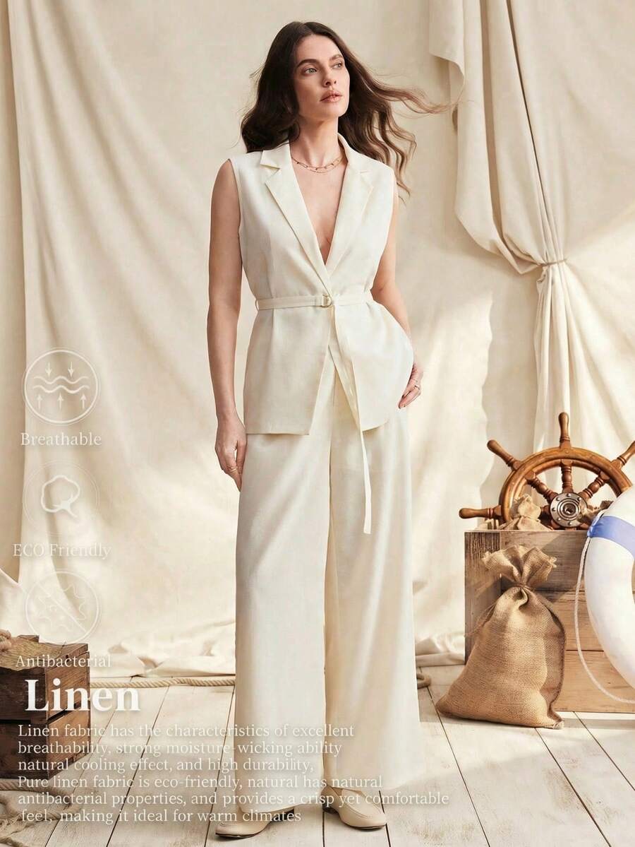 Zovinel Conjunto de blazer sin mangas casual y pantalones de pierna ancha para mujer, con cinturón ajustable, para primavera/verano - Albaricoque - Ver 1