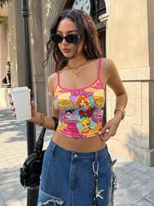 The Winx X SHEIN Women's Y2K Cartoon Pattern Cropped Cami Top For Summer - White - View 6