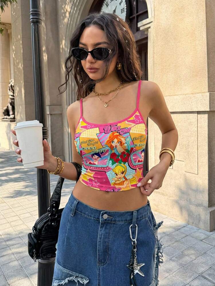 The Winx X SHEIN Women's Y2K Cartoon Pattern Cropped Cami Top For