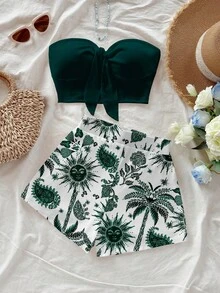 Soleia 女士纯色抹胸上衣和印花短裤休闲两件套 - 綠色 - 查看 7