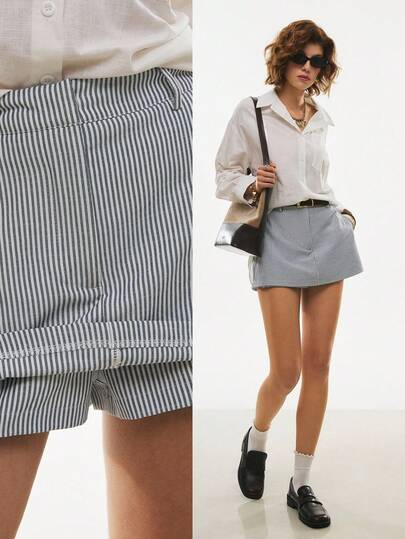 Poéselle 女士休闲通勤条纹短裤棉质半裙，女士休闲装，夏季女士休闲装，适合日常、办公和度假穿着，春夏款