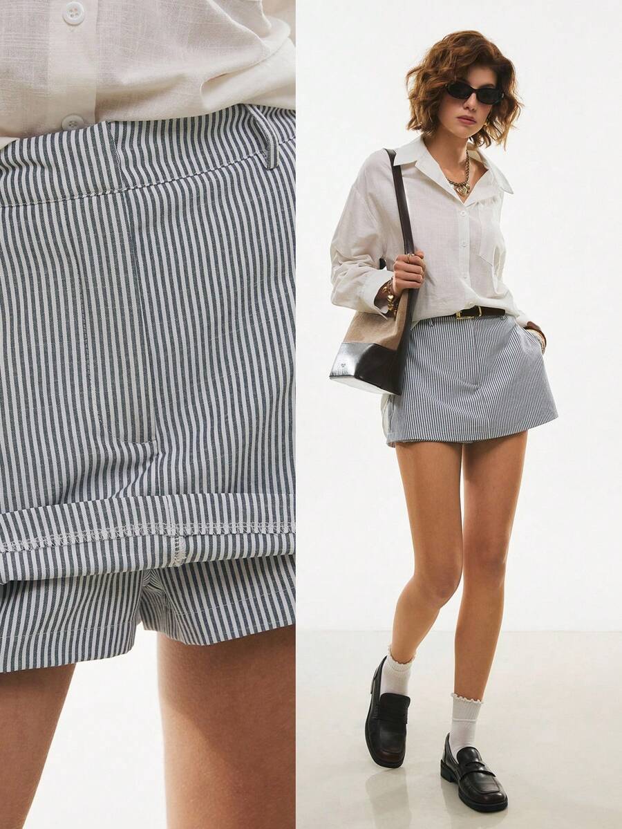 Poéselle 女士休闲通勤条纹短裤棉质半裙，女士休闲装，夏季女士休闲装，适合日常、办公和度假穿着，春夏款 - 藏蓝色 - 查看 1