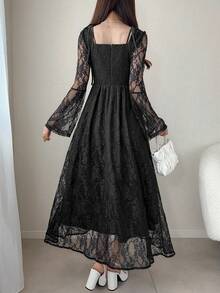 FRIFUL Vestido Evasê de Renda com Decote Quadrado e Amarração Cruzada no Pescoço, Cor Sólida, Vestidos Solares Doces e Elegantes para Mulheres - Preto - Visão 6