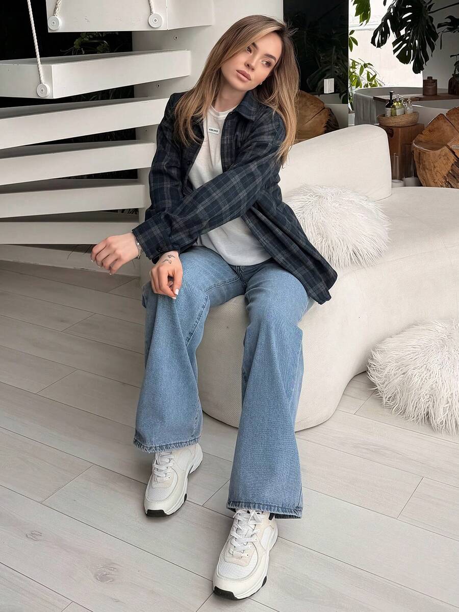 Katetique 女士宽松格子街头休闲校服衬衫，法兰绒女士长袖上衣 - 藍色 - 查看 1