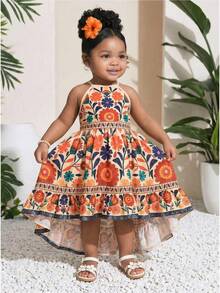 SHEIN 女婴碎花无袖休闲不对称下摆连衣裙 - 彩色 - 查看 2