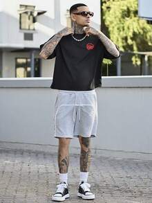 Devon Thys 男士夏季标语和石榴印花宽松休闲短袖T恤 - 黑色 - 查看 4