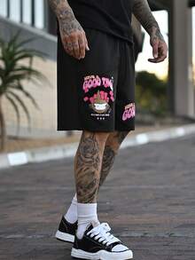 Devon Thys Men's Slogan Cartoon Character Printed Drawstring Waist Casual Shorts, Football Style - Black - View 4