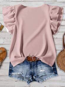 Rusticease Women's Solid Color Minimalist Daily Wear Round Neck Cap Sleeve Blouse,Summer Top - Dusty Pink - View 2
