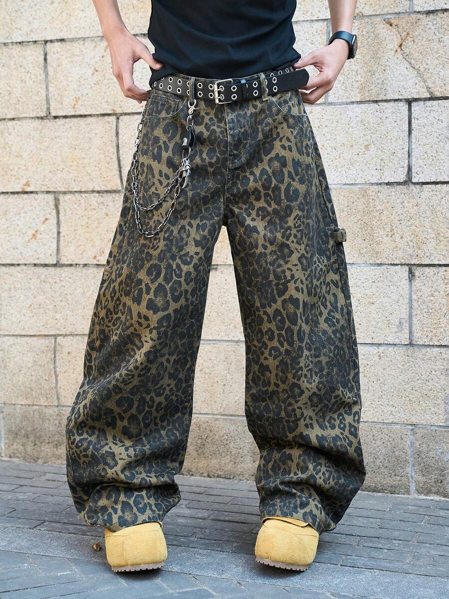 Manfinity EMRG Quần jeans ống rộng nam in họa tiết da báo có túi, kiểu dáng thường ngày, đa năng. - Nhiều màu - Xem 1