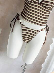 Swim Mod 春夏沙滩休闲条纹针织V领挂脖系带比基尼两件套泳衣 - 彩色 - 查看 3