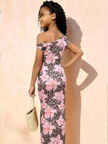 Travachic KIDS Tween Girl Elegant Knit Floral & Leopard Print Asymmetric-Shoulder Fitted Dress - Multicolor - View 2