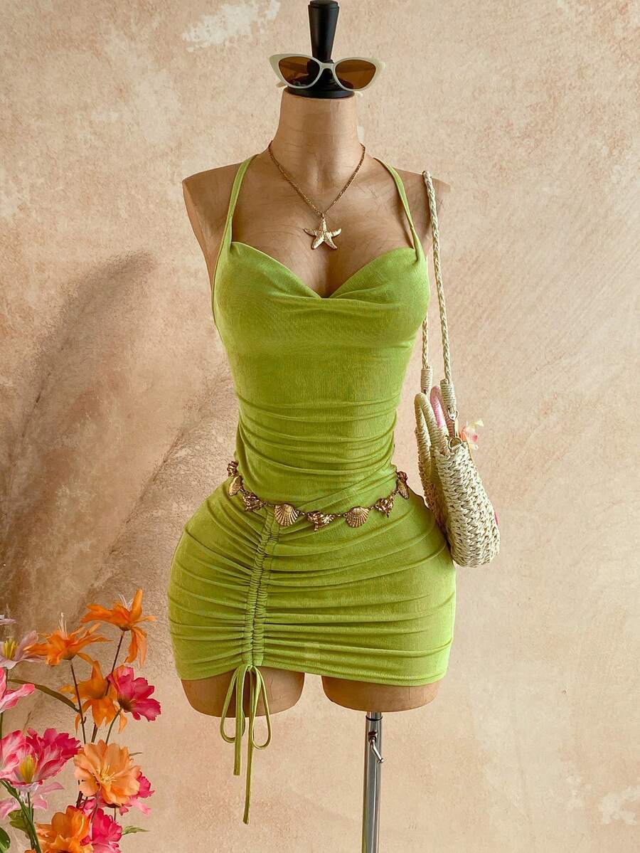 Soleia Women's Backless Halter Drawstring Mini Dress, Suitable For Beach & Vacation - Green - View 1