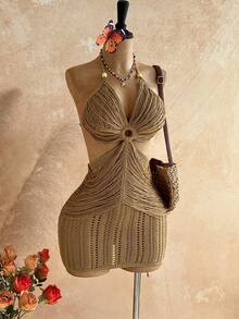 Soleia 女士露背吊带迷你针织度假沙滩裙 - 杏色 - 查看 3