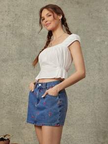 WESTFADE 樱桃刺绣棉混纺牛仔迷你裙，适合春季、夏季、度假、休闲、海滨牛仔风、波西米亚风、农贸市场、假期、海滩、节日、西部风格等场合穿着。 - 中等水洗藍 - 查看 4