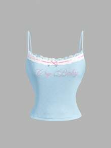 SHEIN MOD 女士蓝色撞色蕾丝字母图案吊带背心 - 藍色 - 查看 1