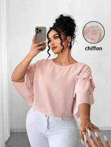 Elenzga 大码女士简约雪纺半透明短袖衬衫，莲花粉色 - 藕粉色 - 查看 1