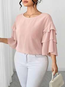 Elenzga 大码女士简约雪纺半透明短袖衬衫，莲花粉色 - 藕粉色 - 查看 4