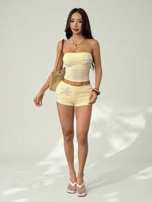 SHEIN PETITE New Summer Butter Yellow Beach Vacation Outfits Vacation Knit Tube Top Cropped Tank & Shorts Set Two Pieces Summer Sets 2 Pieces Sets Summer Summer Two Pieces Set 2 Pieces Summer Sets - Yellow - View 1