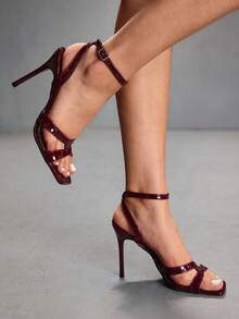 CUCCOO SZL 酒红色漆皮方头交叉踝扣细高跟凉鞋，适合职场通勤、约会、派对等场合，展现女性气质的鞋履 - 鏡酒紅色 - 查看 8