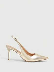 CUCCOO SZL 女士鞋履 新款欧美简约时尚法式高跟鞋 撞色设计 高跟细跟尖头露跟低帮方圆边搭扣性感舒适轻便懒人一脚蹬百搭通勤春秋四季PU面料经典职场鞋街头时尚派对约会优雅女鞋 - 金色 - 查看 2