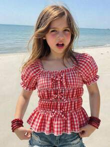 少女甜美度假乡村法式可爱方领泡泡袖蝴蝶结格子BM风格衬衫，春夏款 - 藍色 - 查看 1