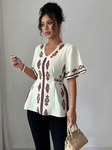 Rafferiza Áo kiểu nữ cổ chữ V in hoa tay bồng thời trang, mùa hè - Màu be - Xem 6