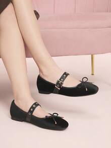 CUCCOO DOLLMOD Soft Bottom Velvet Metal Rivet Decorative Ballet Bow Flat Bottom Casual Mary Jane - Korean velvet black - View 4